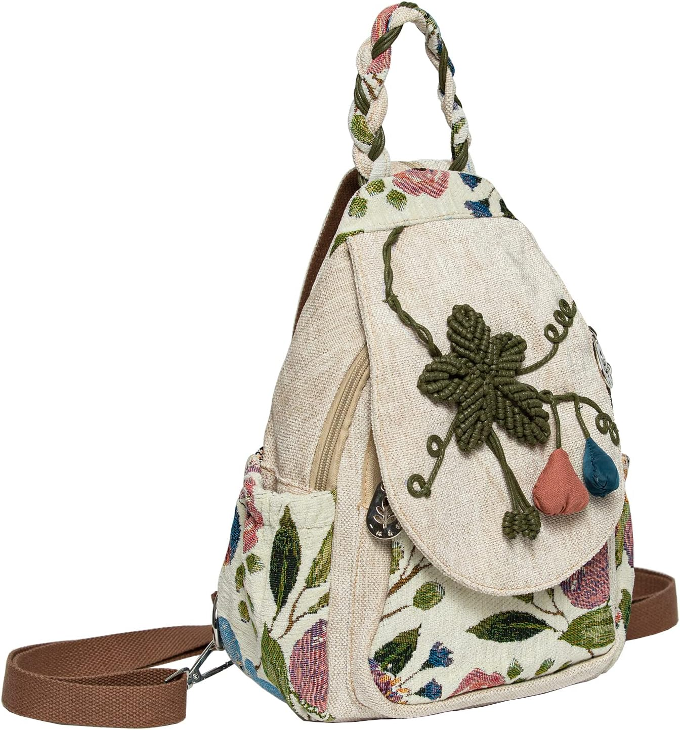 LOZENY Casual Canvas Backpack，Cotton Woven，Versatile Hand-Woven Cotton Linen Bag Small Shoulder Small Fresh Light Fashion Lightweight Cloth Leisure Art Backpack, Green Mist, Small, Handmade Art image number 5