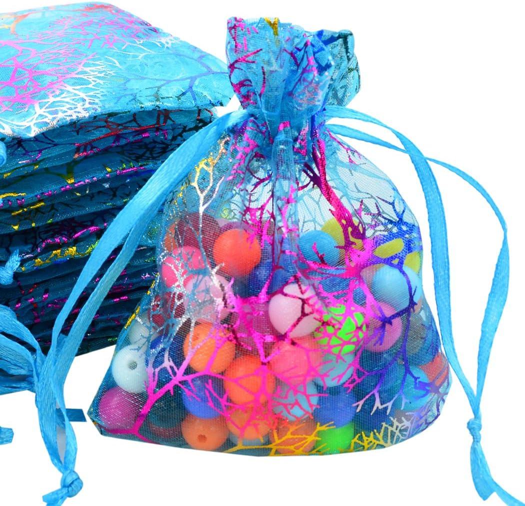 Marrywindix 100Pcs Blue Organza Drawstring Pouches Jewelry Bags, Candy Pouch Chocorate Pouch Party Wedding Favor Gift Bag image number 1