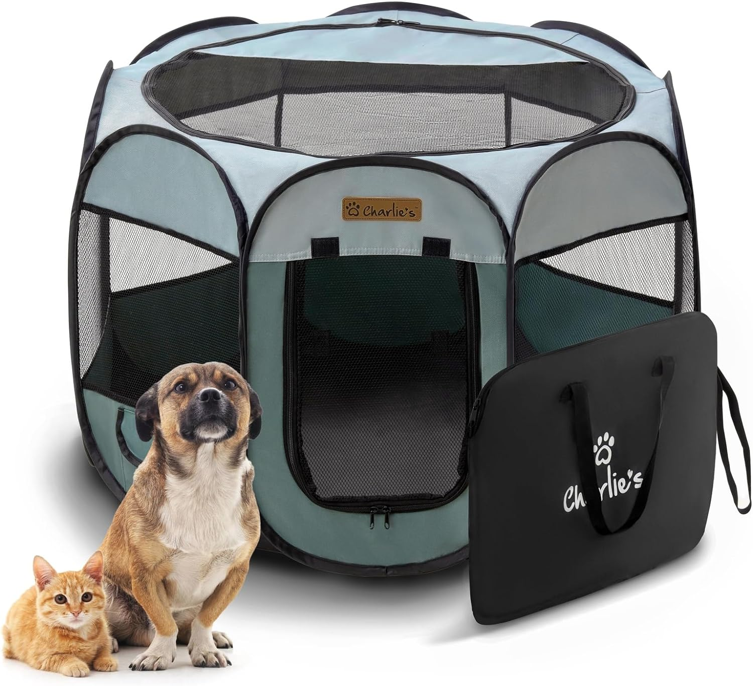Charlie'S Adventure Indoor Outdoor Waterproof Pet Playpen Foldable Portable Travel-Friendly Dog Cat Crate Tent Accessories Compartment Removable Top Panels - Sage, Small image number 1
