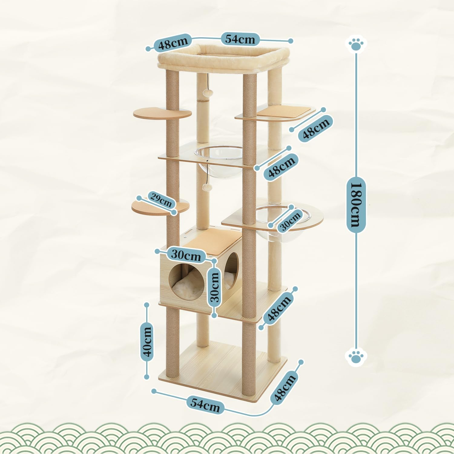 PAWZ Road Cat Tree, 180Cm Wood Large Cat Tower with 2 Acrylic Nests, 10 Sisal Covered Scratching Posts, Condo House and Spacious Top Perch for Large Cats image number 4