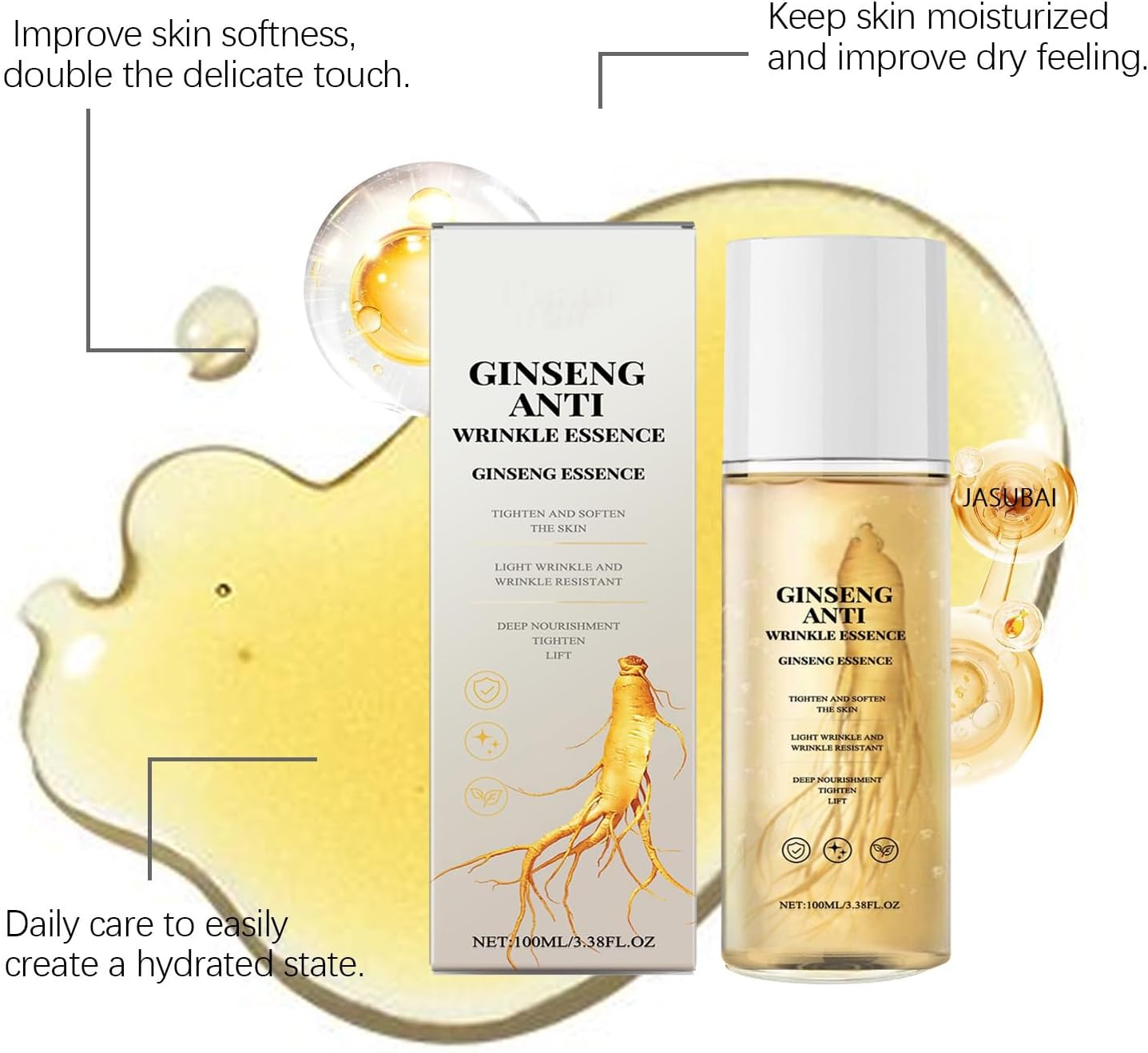 Ginseng Anti-Aging Serum Essence, Gold Ginseng Peptide Firming Serum for Face, Reduces Wrinkles & Fine Lines, Tightening & Lifting for Mature Skin, Hydrating Essence Water for All Skin Types (4PCS)