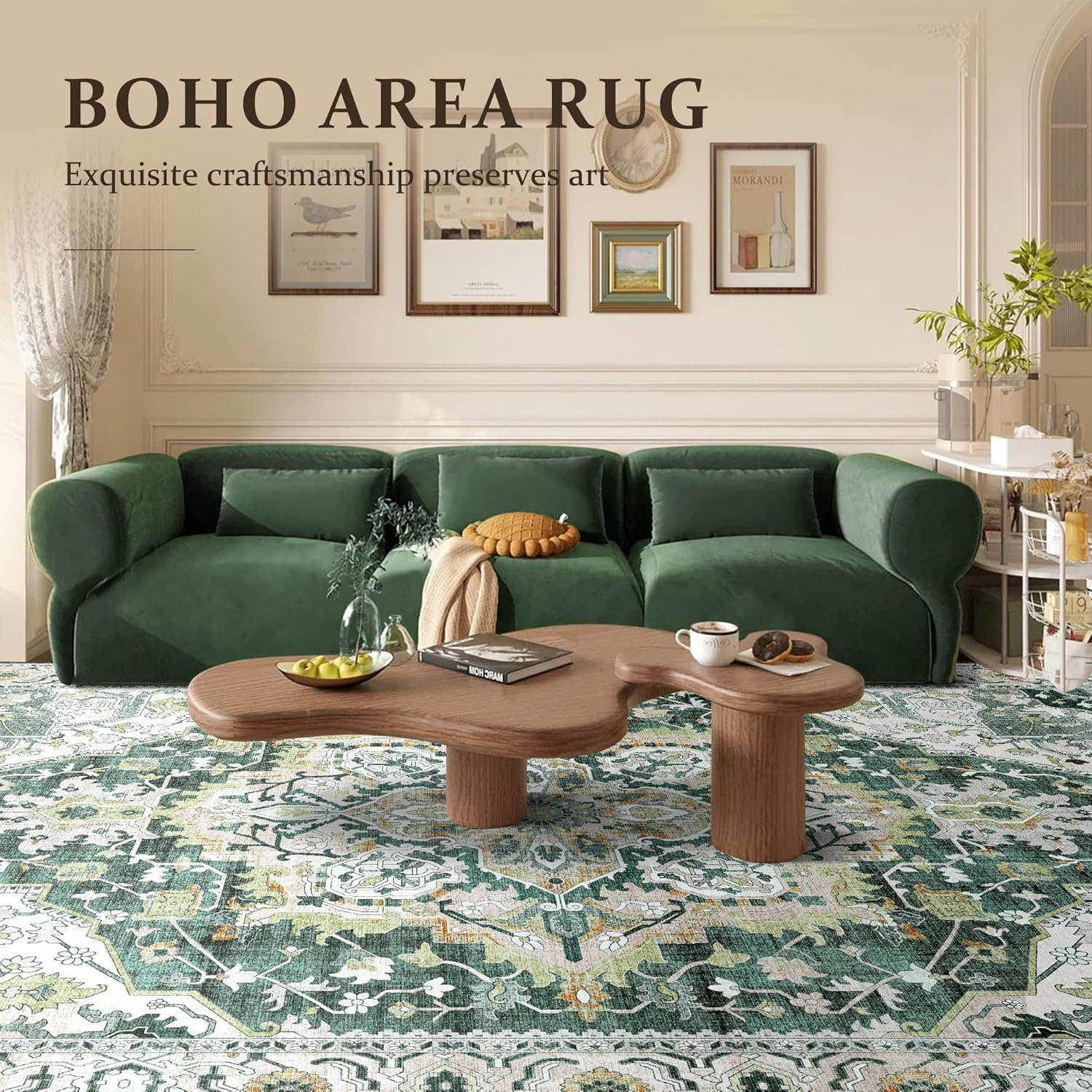 Youzi Vintage Area Rugs 200X300 for Livingroom, Machine Washable Rug with Anti-Slip Botton Shortpile Carpet Large Soft Rugs for Bedroom Kitchen Floor Living Room Indoor Home Decor(200X300Cm,Green) image number 2