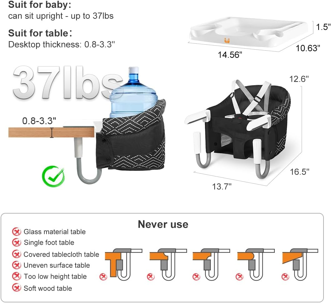 MTWML Hook on High Chair with Tray,Portable Baby High Chair That Attaches to Table,Clip on Fast Table High Chair for Babies and Toddlers.Baby Feeding Seat for Dining Table and Counter(Stripe-Black) image number 3