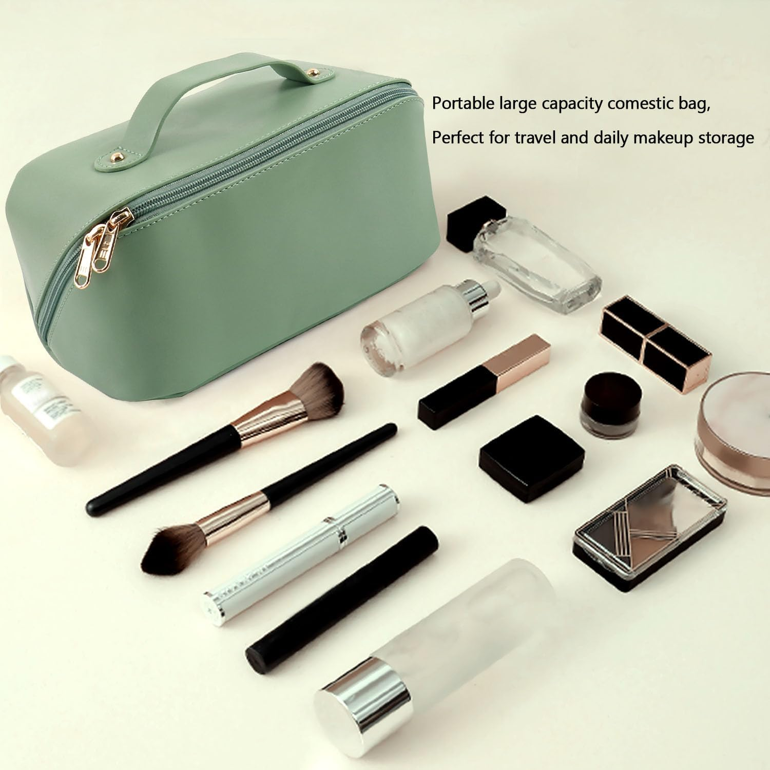 Large Capacity Cosmetic Bag, Travel Cosmetic Storage Bag with Handle, Portable Zipper Cosmetic Bag Toiletry Bag Makeup Bag Large with Compartments for Women Girls, Green, Large Capacity Cosmetic Bag - Blue image number 3