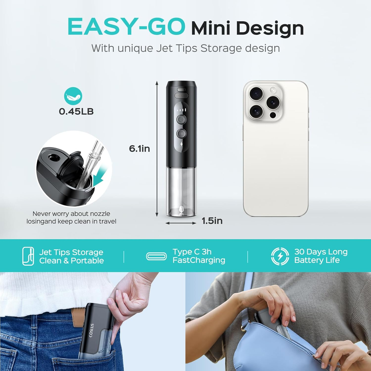 COSLUS Mini Water Flosser for Travel: Cordless & Portable, IPX7 Waterproof, Plaque Removal, Ergonomic Design, Lightweight with Jet Tips & Travel Case, Black, T40 image number 6