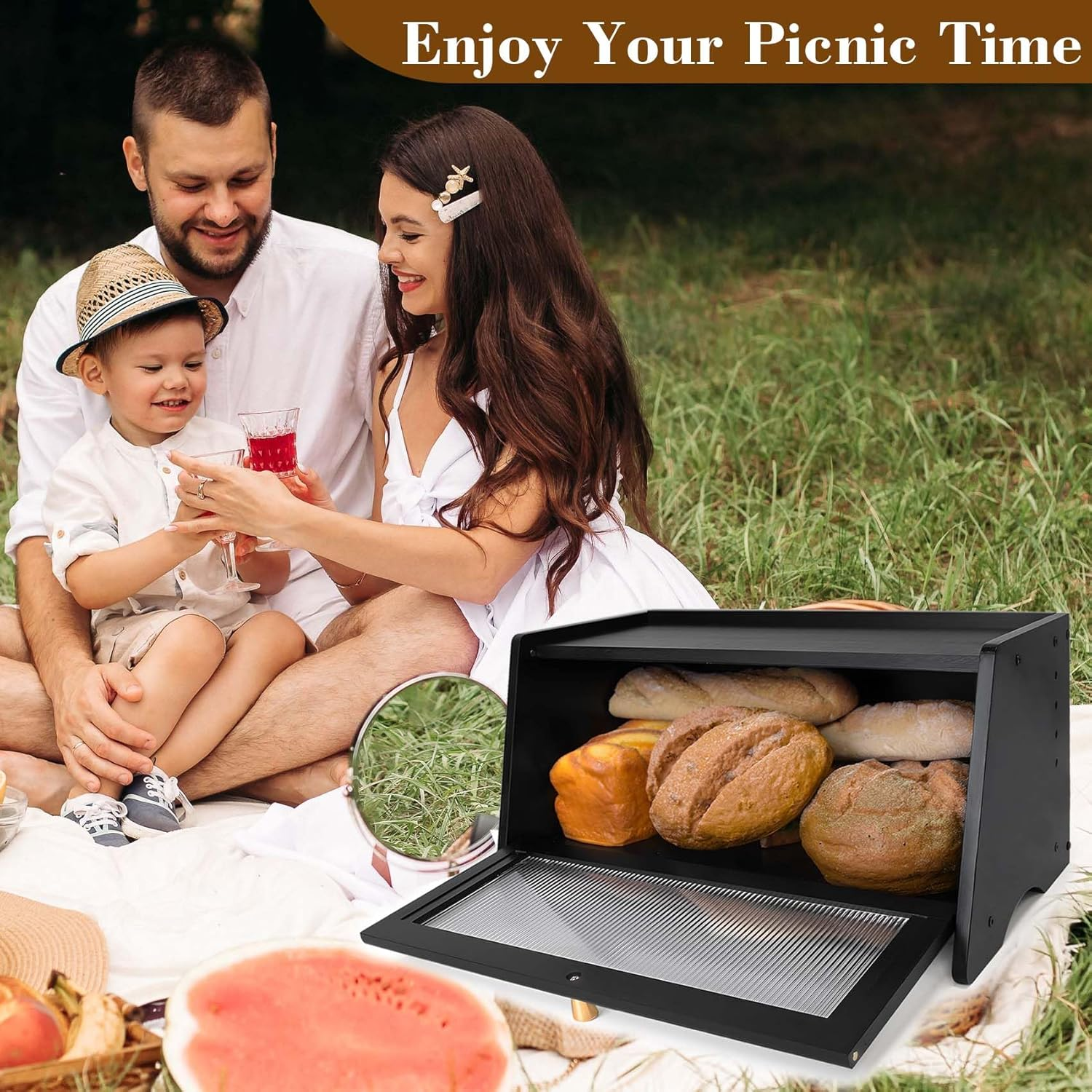 Black Bread Box for Kitchen Countertop, Bamboo Bread Storage Container with Acrylic Frosted Window, Large Farmhouse Breadbox for Homemade Bread Fruits & Spices image number 5