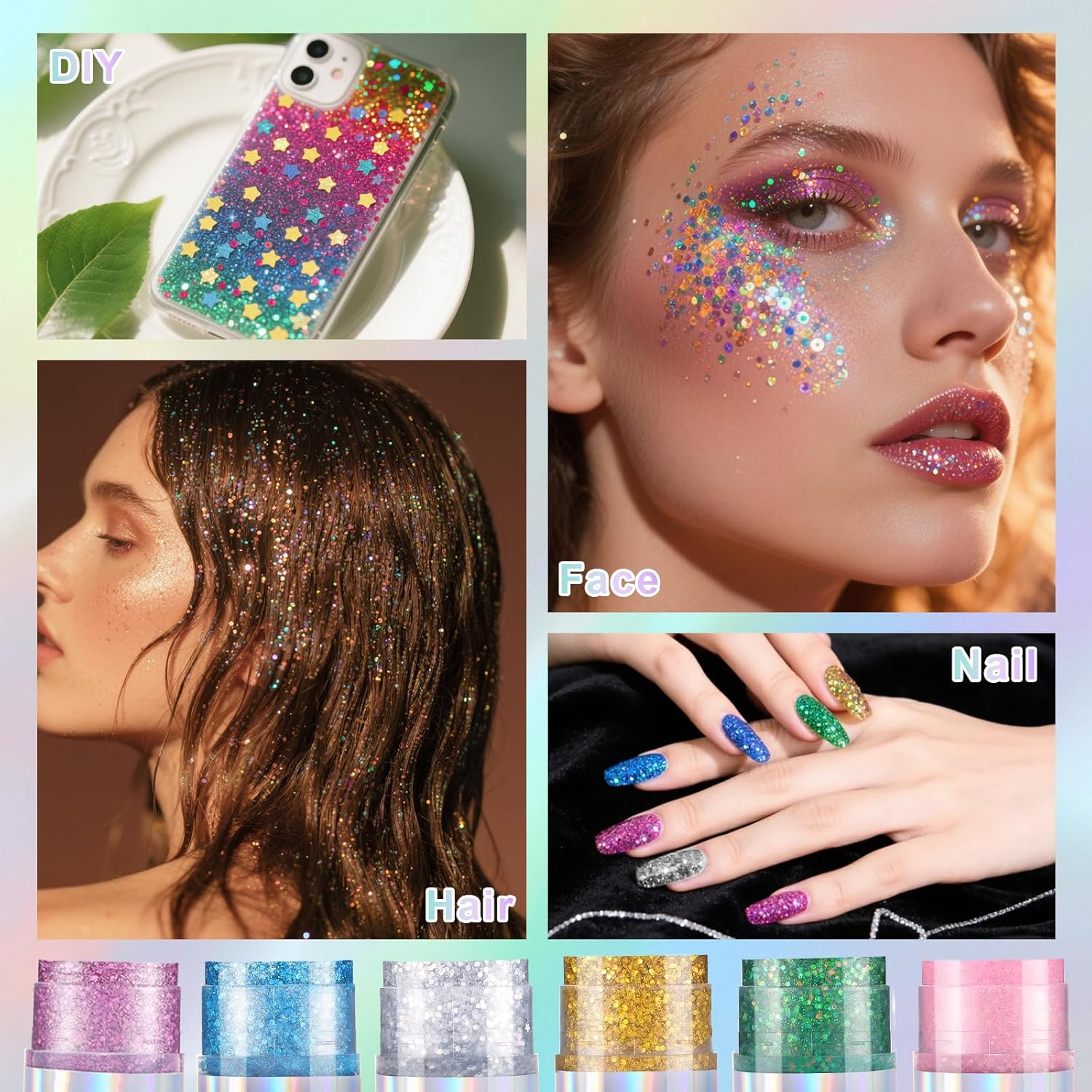 DAGEDA Body Glitter Stick, Mermaid Chunky Sequins Face Paint, Music Festival Concert Accessories Outfits Hair Glitter, Lips Eyeshadow Nails Holographic Cosmetic Halloween Rave Makeup (06 Silver) image number 5