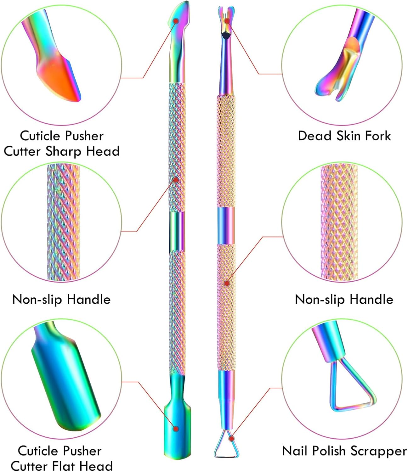 2PCS Cuticle Pusher and Cutter Remover,Salon Nail Scraper for Gel Polish, Stainless Steel Manicure and Pedicure Cleaner Tool for Fingernail and Toenail (Colorful) 011-2S-CS image number 5