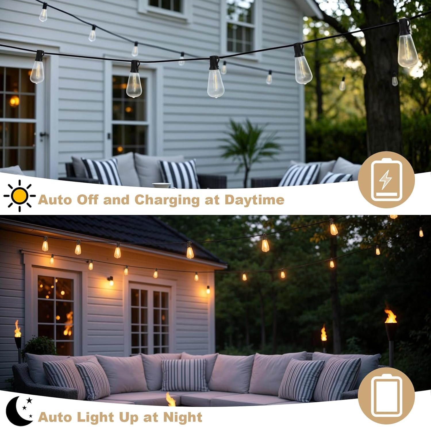 Spacelumen 15M Outdoor Festoon Lights Solar Powered, outside Patio String with 3 Modes & 17+1 ST38 Edison Bulbs Shatterproof, Solar String Lights Outdoor Garden for outside Garden Backyard image number 6