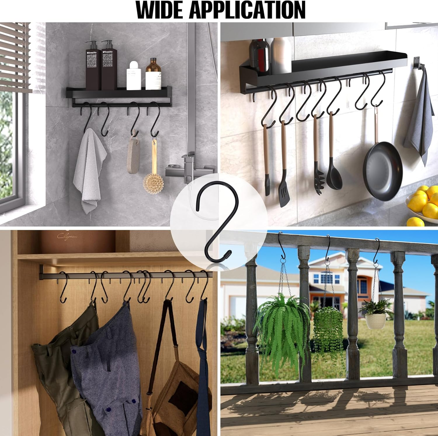 Antimbee 12 Pack Heavy Duty S Hooks, 5.5 Inch Large S Hooks, S Hook Hanger with Rubber Coated, Black S Shaped Hook for Hanging Plants, Banana, Clothes, Bags,Towels, Kitchen Utensil image number 3