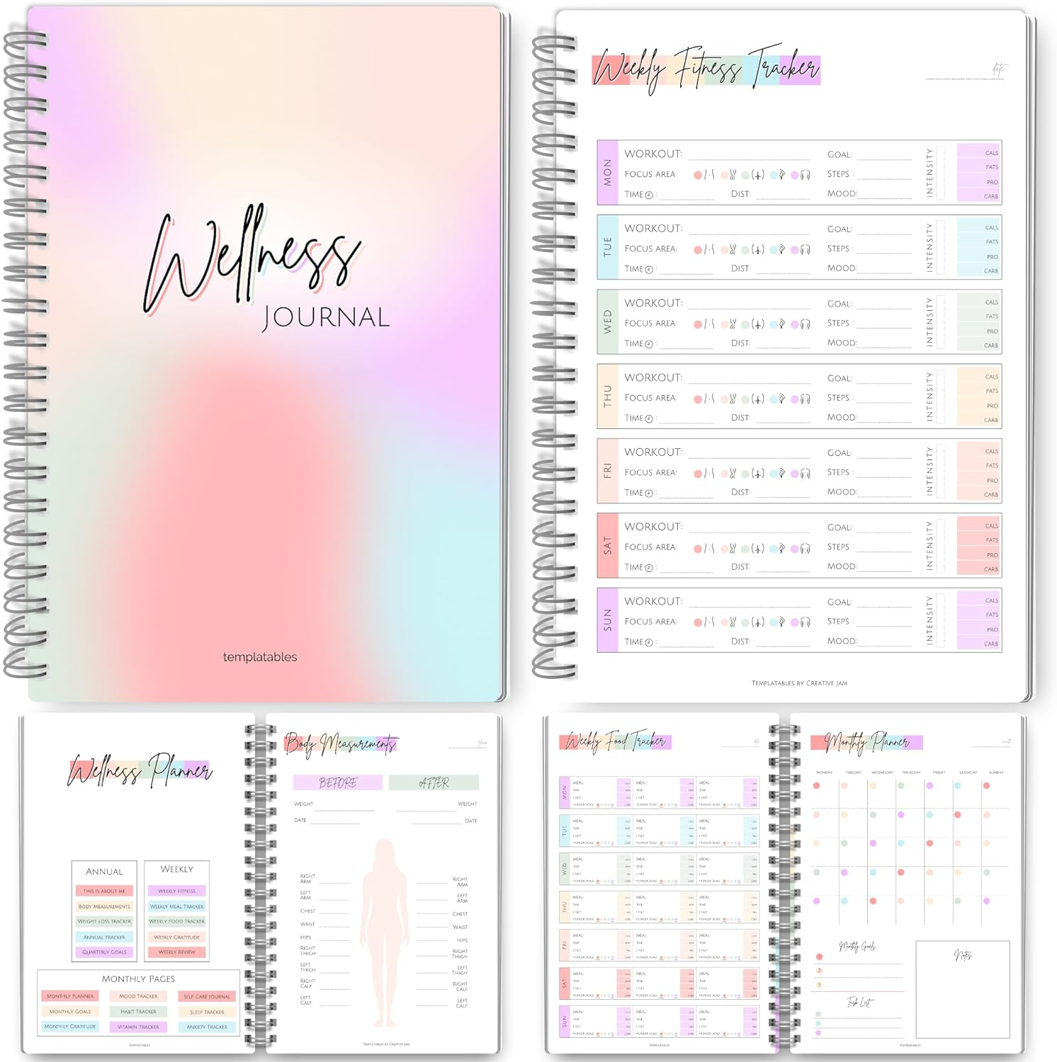 Templatables Wellness Journal - 90 Day Health, Fitness, Gratitude, Mindfullness, Wellbeing, Habit, Goals, Diet & Food Tracker - A5 Pastel Rainbow, (TPWPPR) image number 1