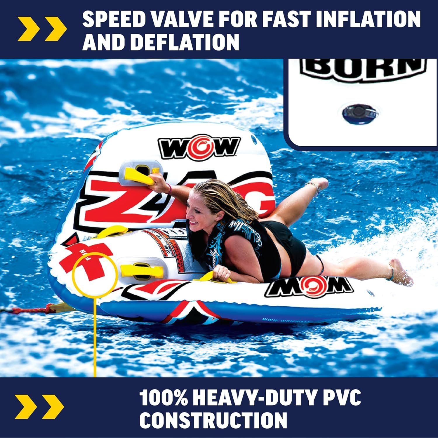 Wow Sports Zig Zag Towable Inflatable Tube for Boating - 1 to 2 Person Towable - Steerable Tubes for Boating