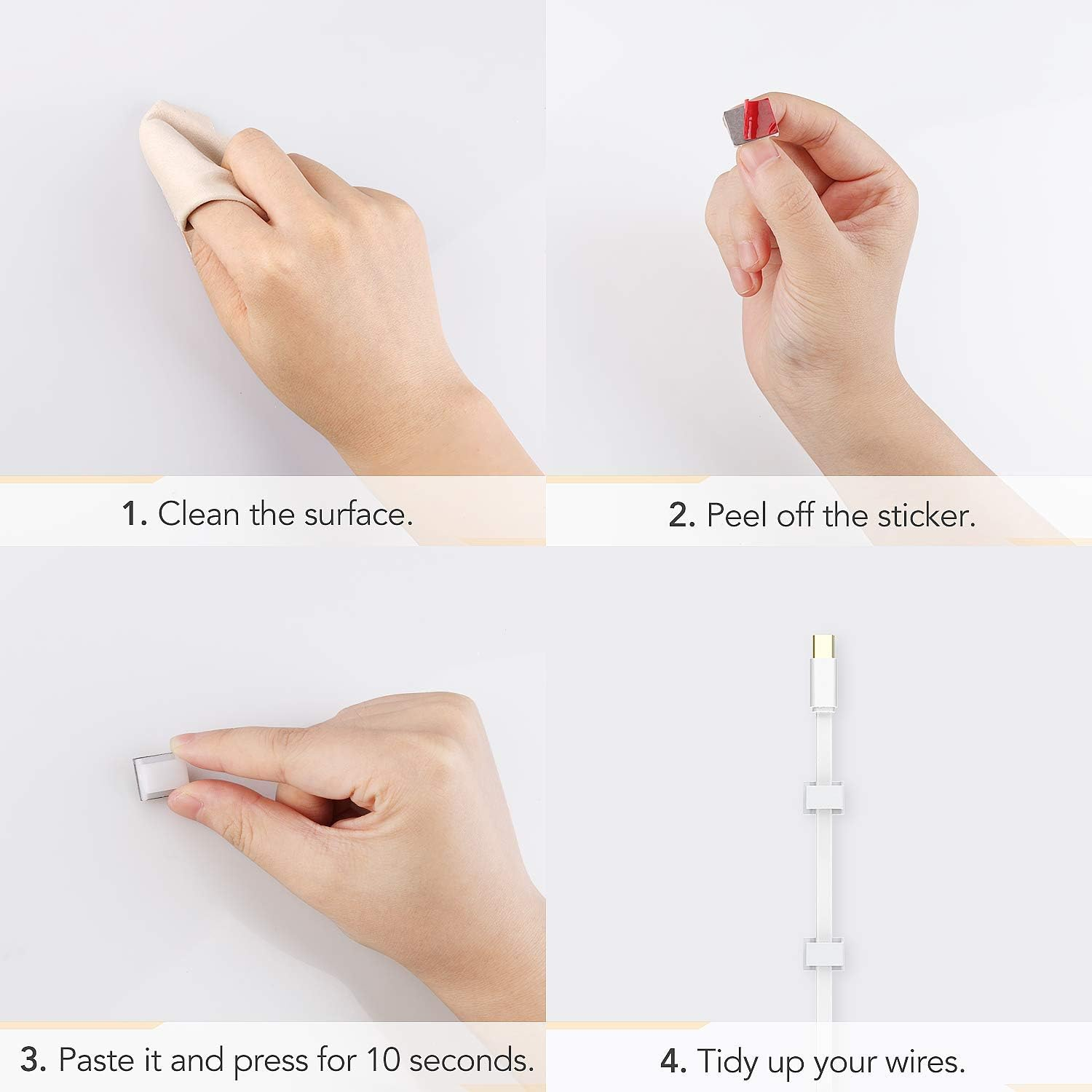 AGPTEK Self Adhesive Cable Clips, Wire Clips Cable Clamps Management TV PC Cable Holder Cord Organizer for Home, Office, Car, Desk (White, 100 PCS) image number 1