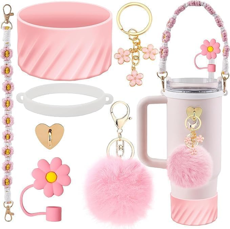 7Pcs Tumbler Cup Accessories Set,Stanley Cup Accessory Set,Compatible with Stanley Cup 40Oz & 30Oz Tumbler,Including Water Bottle Handle Strap, Silicone Boots, Silicone Straw Cap (Pink)