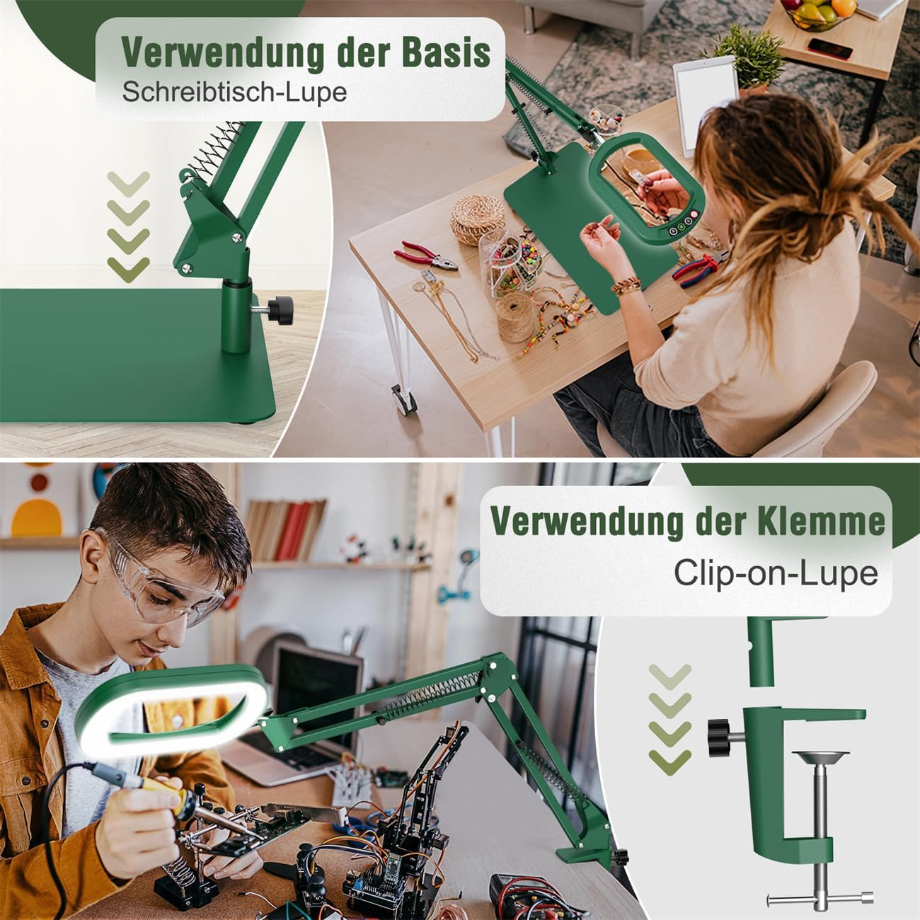 Veemagni 10 X Rectangle Magnifying Glass with Light and Stand, 5 Colour Modes Continuously Dimmable, 2-In-1 LED Illuminated Desk Lamp & Clamp, Hands-Free Reading Magnifier for Reading, Craft, Repair