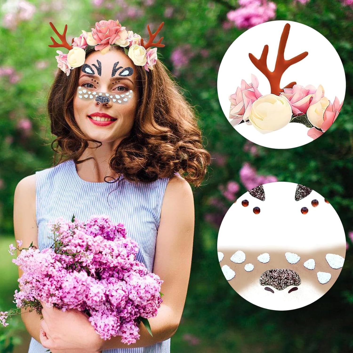 YUNHENTONG Deer Antler Headband + Deer Face Tattoo, Headband with Reindeer Antlers Headband for Carnival Halloween image number 2