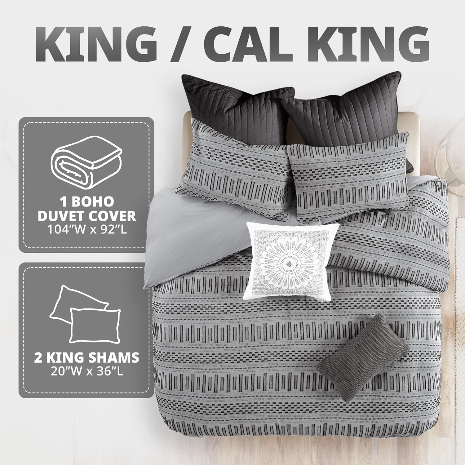 INK+IVY Rhea 100% Cotton Duvet Set Mid Century Modern Boho Design, All Season Comforter Cover Bedding Set, Matching Shams, King/Cal King, Geometric Clipped Jacquard Grey 3 Piece