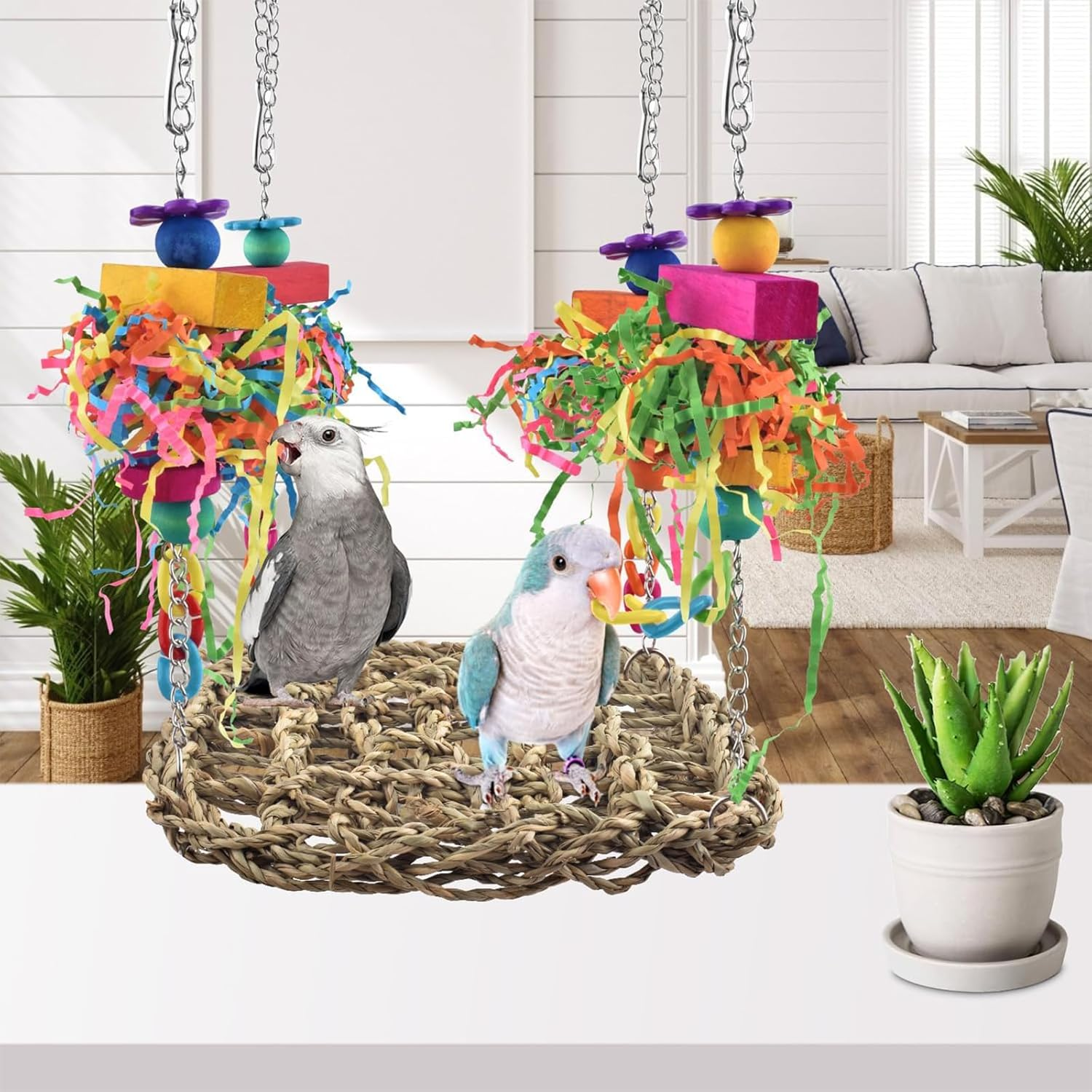 Cozioz Bird Grass Swing Mat &ndash; Parrot Climbing Hammock with Colorful Toys, Perfect for Conures, Parakeets, Cockatiels, Sun Conures, Lovebirds, Budgies, and Small Birds image number 1