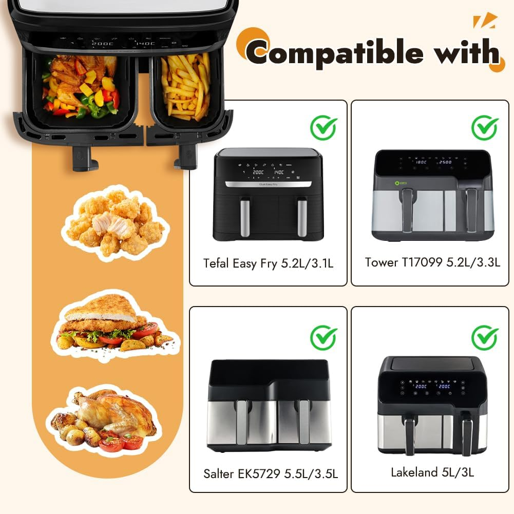 GINOYA Silicone Inserts for Tefal EY9018 Dual Easy Fry 5.2/3.1 L, Moulinex 8.3 L, Cecotec 5.5/3.5 L Baskets, DMS 6L/4L, Air Fryer Accessories for Double Chamber Hot Air Fryer Dual image number 1
