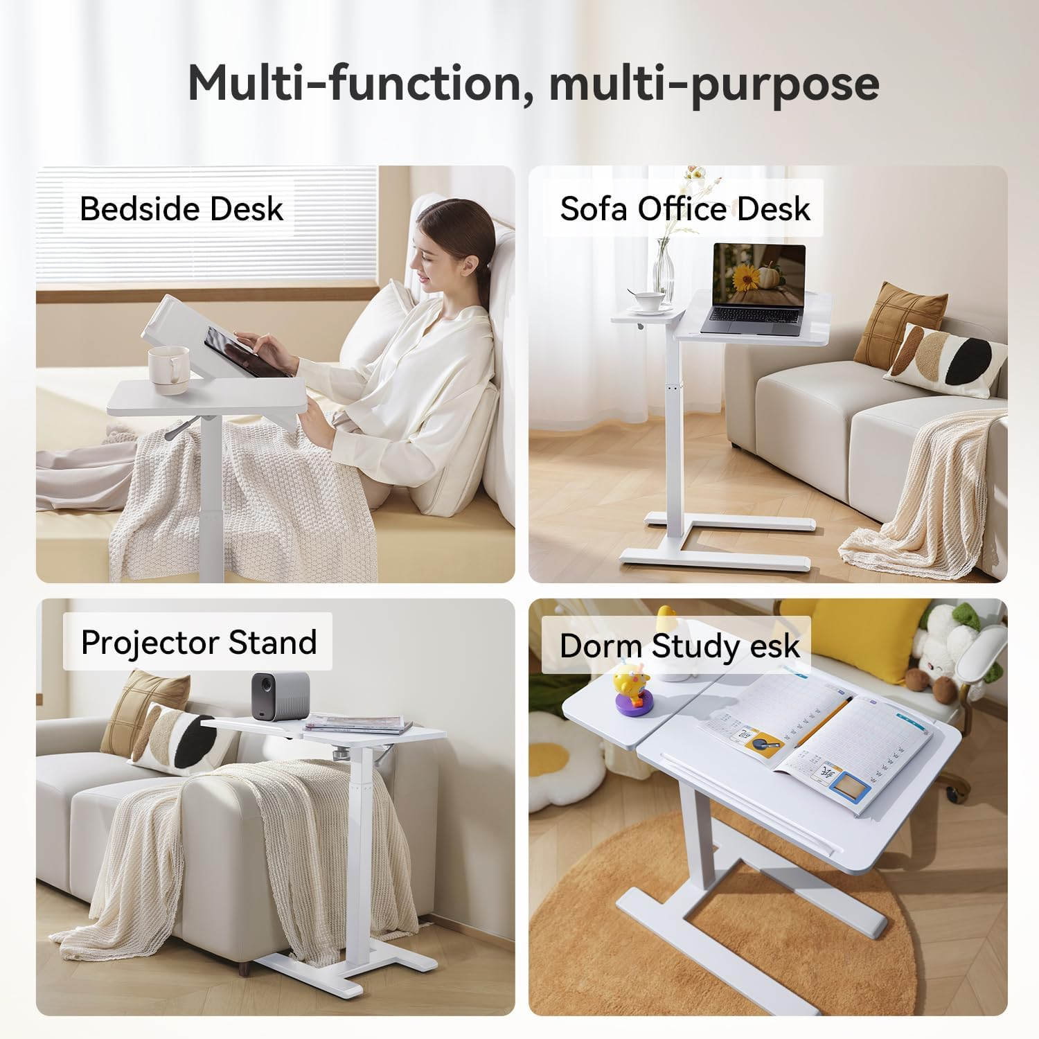 SIHOO D01 Adjustable Tilt Overbed Bedside Table with Wheels Small Spaces Sofa Bedroom Bedside Desk Pneumatic Mobile Standing Laptop Desk Game Desk with Movable Wheels (White) image number 3