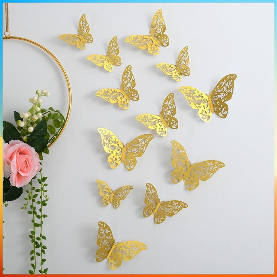 YALLOVE 3D Gold Butterfly Wall Decor, 48 PCS 3 Sizes, Removable Wall Stickers for Cake Decor, Room Decor, Wedding, Birthday