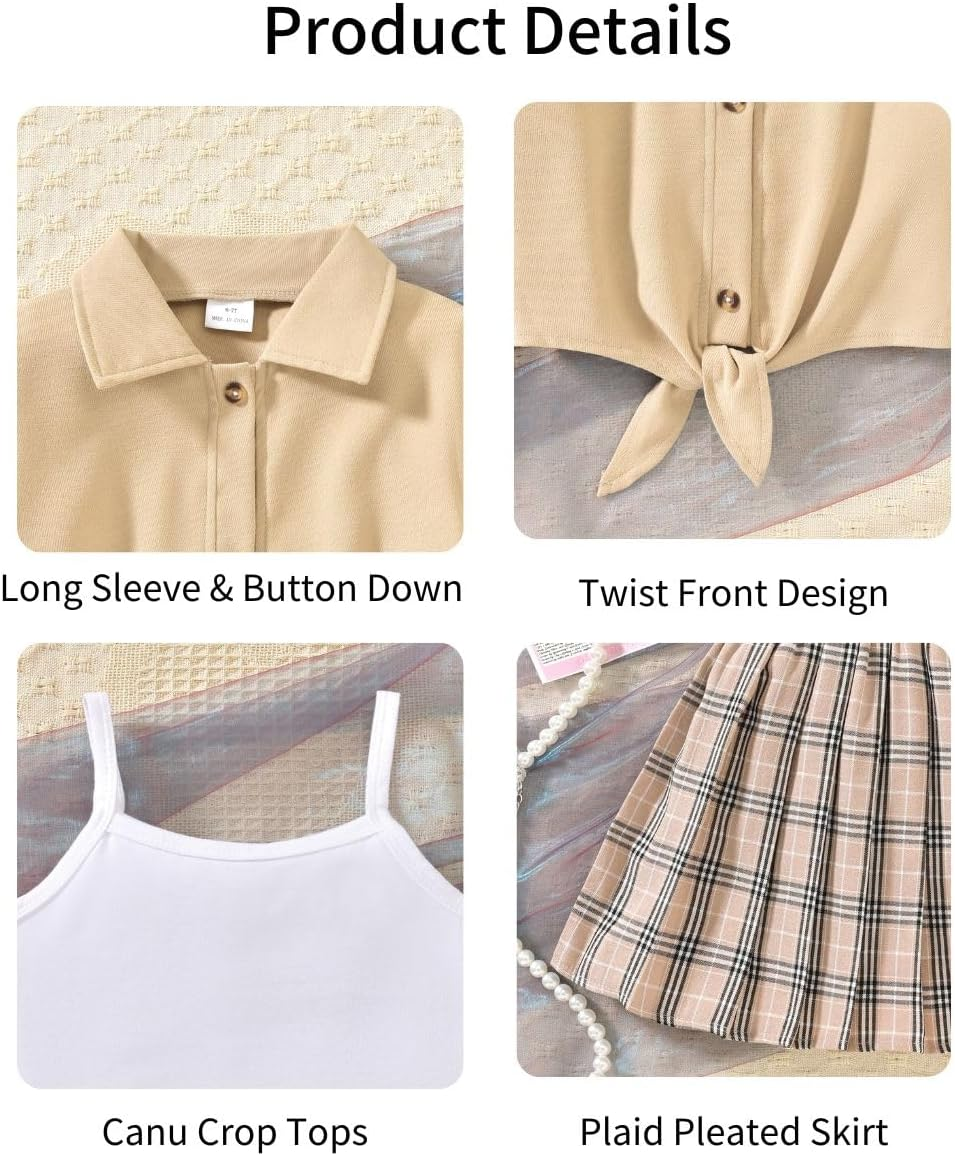 Girls 3 Piece Skirt Set Cami Crop Tops Pleated Skirt with Button Shirts Size 6-12 image number 4