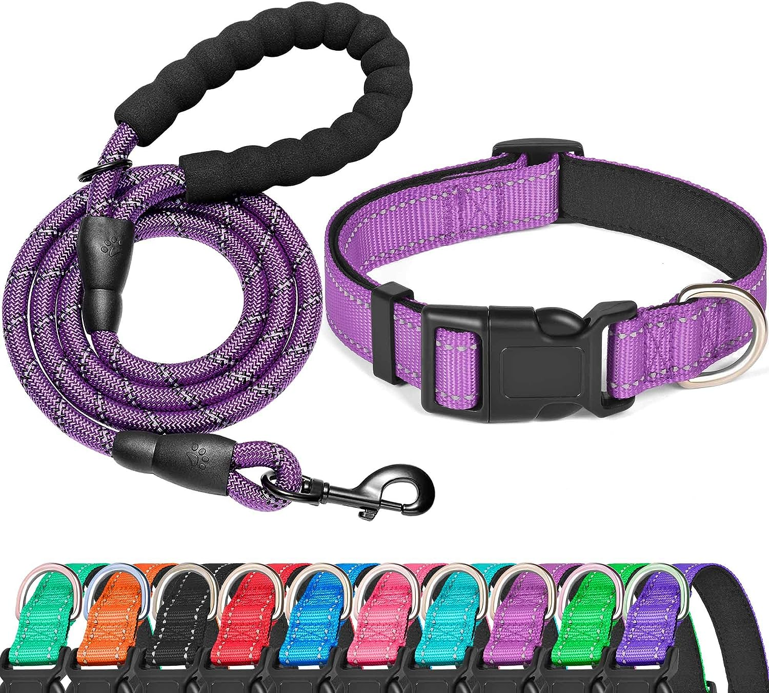 Reflective Dog Collar Padded with Soft Neoprene Breathable Adjustable Nylon Dog Collars for Small Medium Large Dogs (X-Small (Pack of 1), Purple Collar+Leash) image number 3