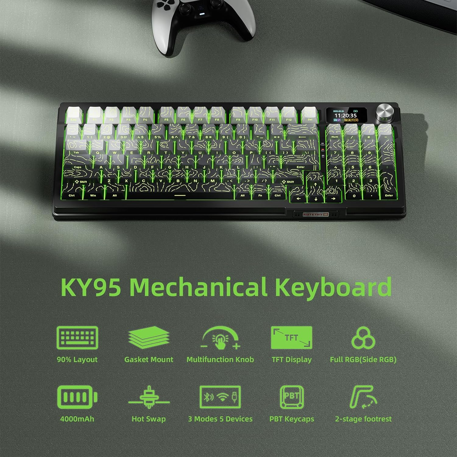 Kutethy Wireless Mechanical Keyboard,Pre-Lubed Switches,Gasket Structure,Tri-Mode Bt/2.4Ghz/Usb-C Hot Swappable,Gradient Topographic Keycaps,Rgb Backlit Gaming Keyboard(Kailh Box White Switch)