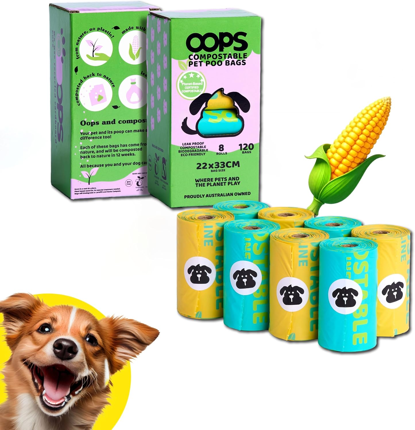 OOPS Compostable Dog Poop Bags, Certified Compostable, Unscented 240/120 Counts 16/8 Rolls Pet Waste Bags, Strong Extra Thick Leak Proof Poo Bag Rolls for Dogs and Cats, 22 X 33 CM (8 Rolls)