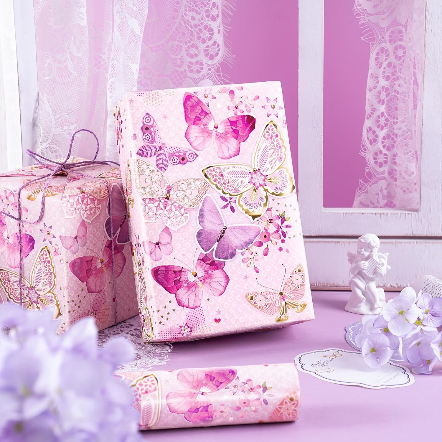 WRAPAHOLIC Pink Butterfly Wrapping Paper Roll - Mini Roll - 17 Inch X 33 Feet - Fantasy Butterfly Design, Perfect for Birthday, Wedding, Bridal Shower image number 1