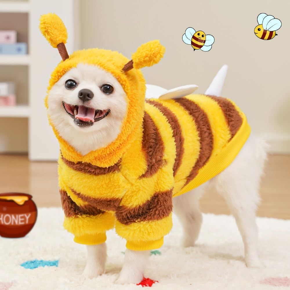 ANIAC Fleece Dog Hoodies with D-Ring Autumn Winter Puppy Clothes for Small Dogs Bumblebee Cat Apparel Cold Weather Coat Funny Dog Bee Costume for Christmas Halloween (Yellow, X-Small)