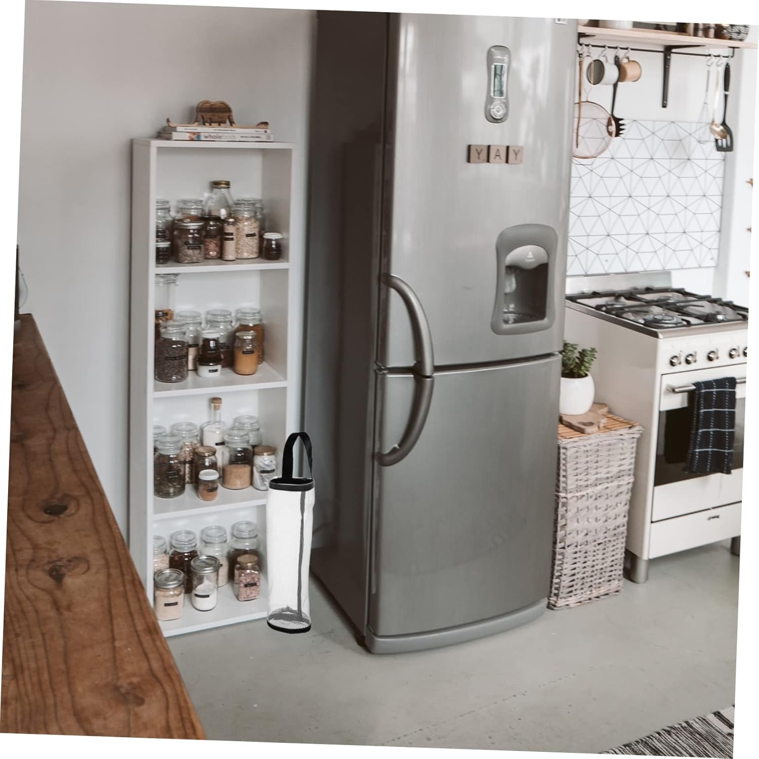 Ciieeo Hanging Kitchen Grocery Bag Holder Nylon Mesh Storage Organizer Multi-Function Trash Bag Dispenser 4Pcs Gray for Home and Kitchen Use