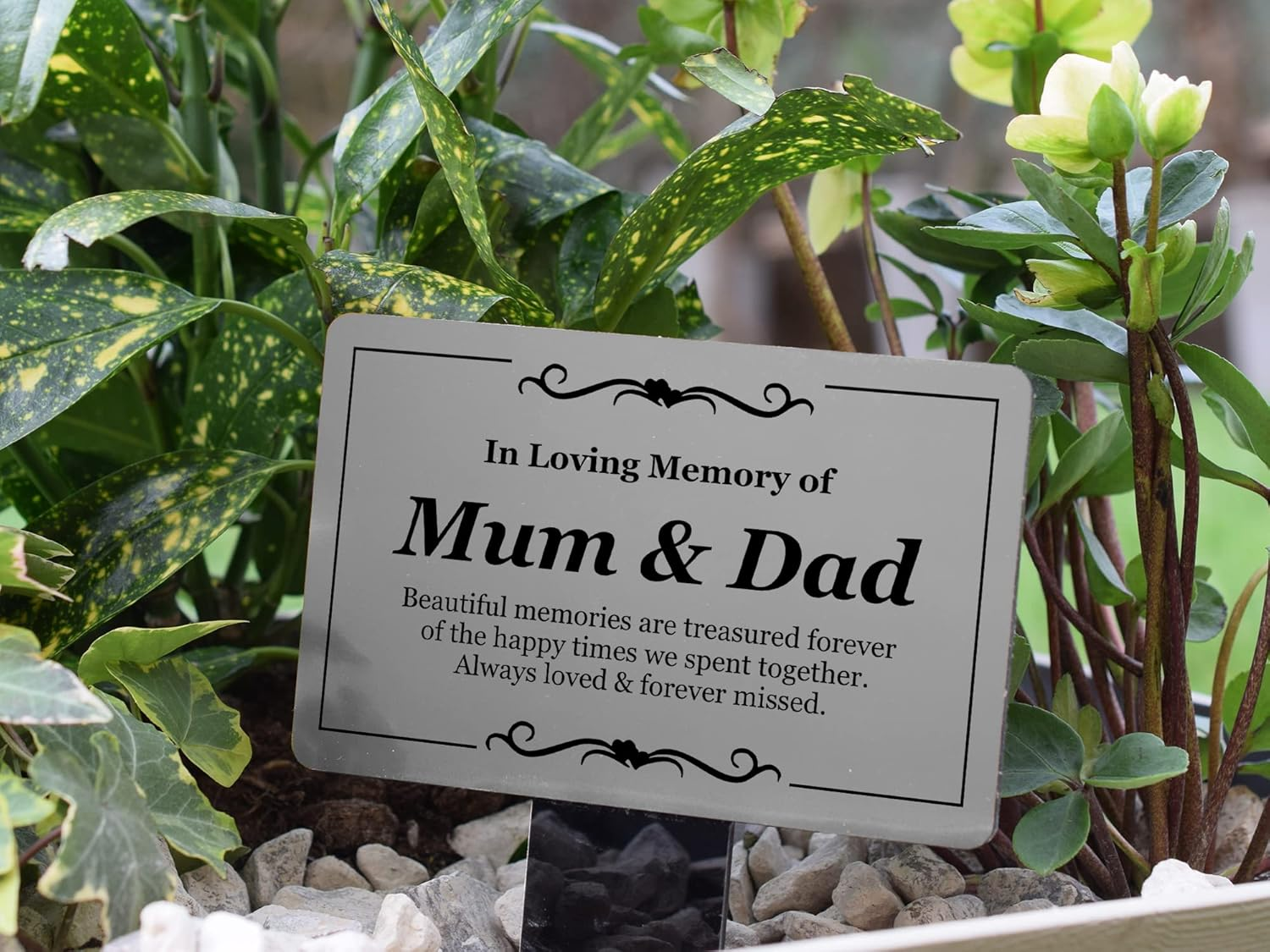 Mum & Dad Memorial Remembrance Plaque - Ground Stake - Silver and Black Acrylic, Weatherproof & Hardwearing, Outdoor, Grave Marker, Tribute, Plant Marker. Shipped Globally. image number 2