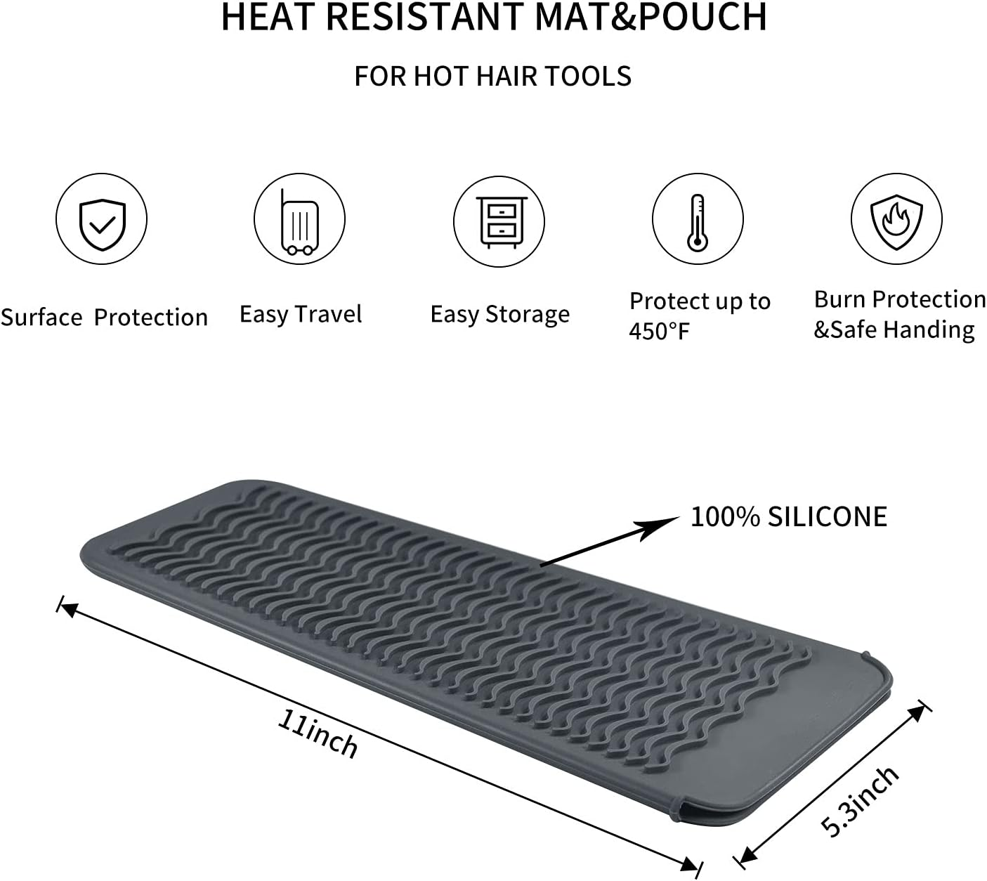 EIOKIT Silicone Heat Resistant Mat for Hair Iron, 11 X 5 Inch, Grey, 1 Pack image number 5