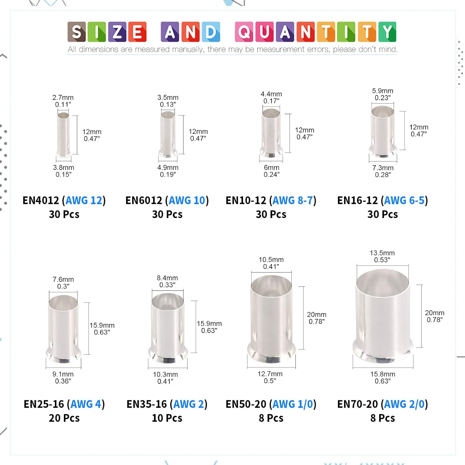 Glarks 166Pcs 8 Sizes AWG 12 10 8 6 4 2 1 2/0 Wire Ferrules Kit Silver Plated Copper Crimp Connector Non Insulated Ferrules Pin Cord End Terminals Assortment Kit