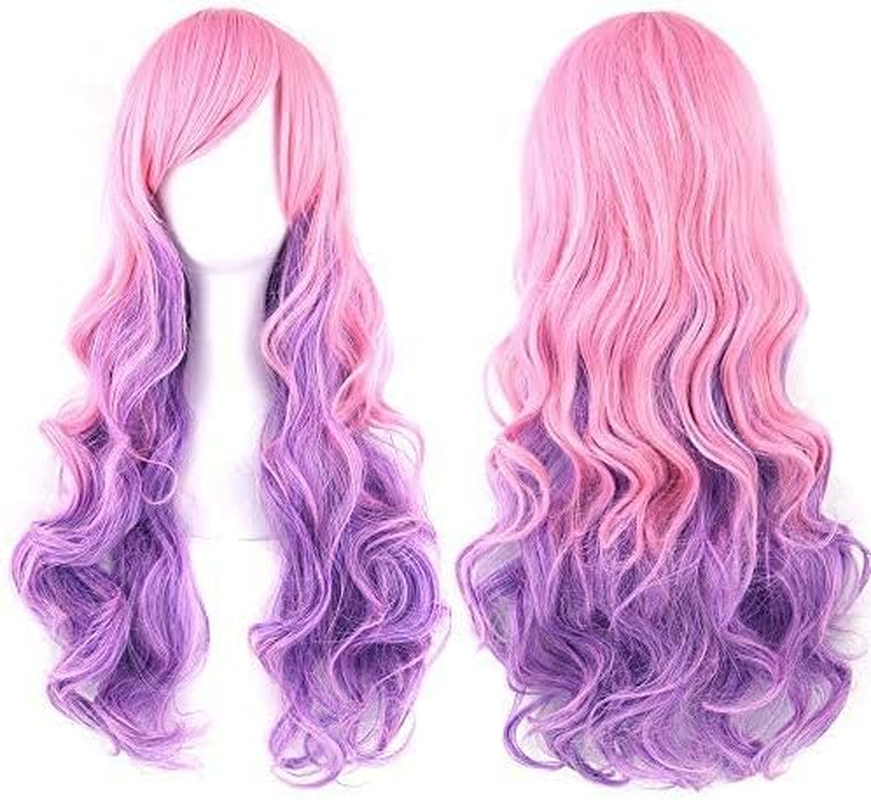 IMISSU 26'' Long Curly Natural Hair Cosplay Wig with Bangs Colorful Halloween Costume Party Wigs for Women (Pink Purple) - Blue Pink image number 1