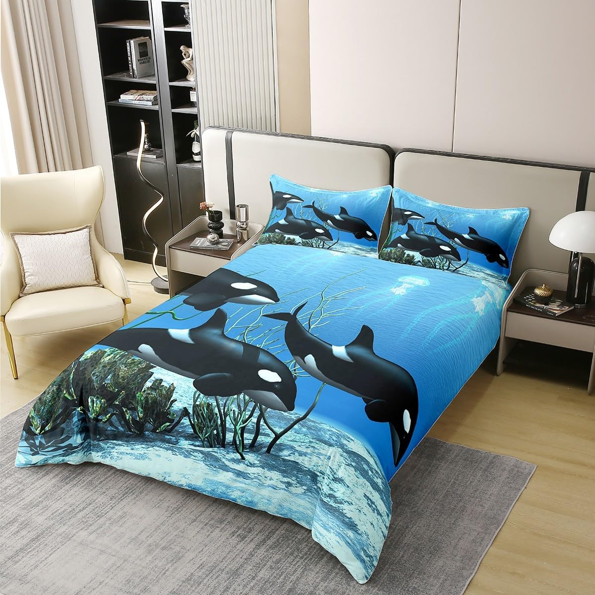 Pure Cotton Killer Whale Bed Linen Sets Orcinus Orcas Comfort Cover the Underwater World Jellyfish Duvet Cover Set for Children Girls Deep Sea Animals Sea Life Quilt Cover Children'S Room Decor 135 X image number 7