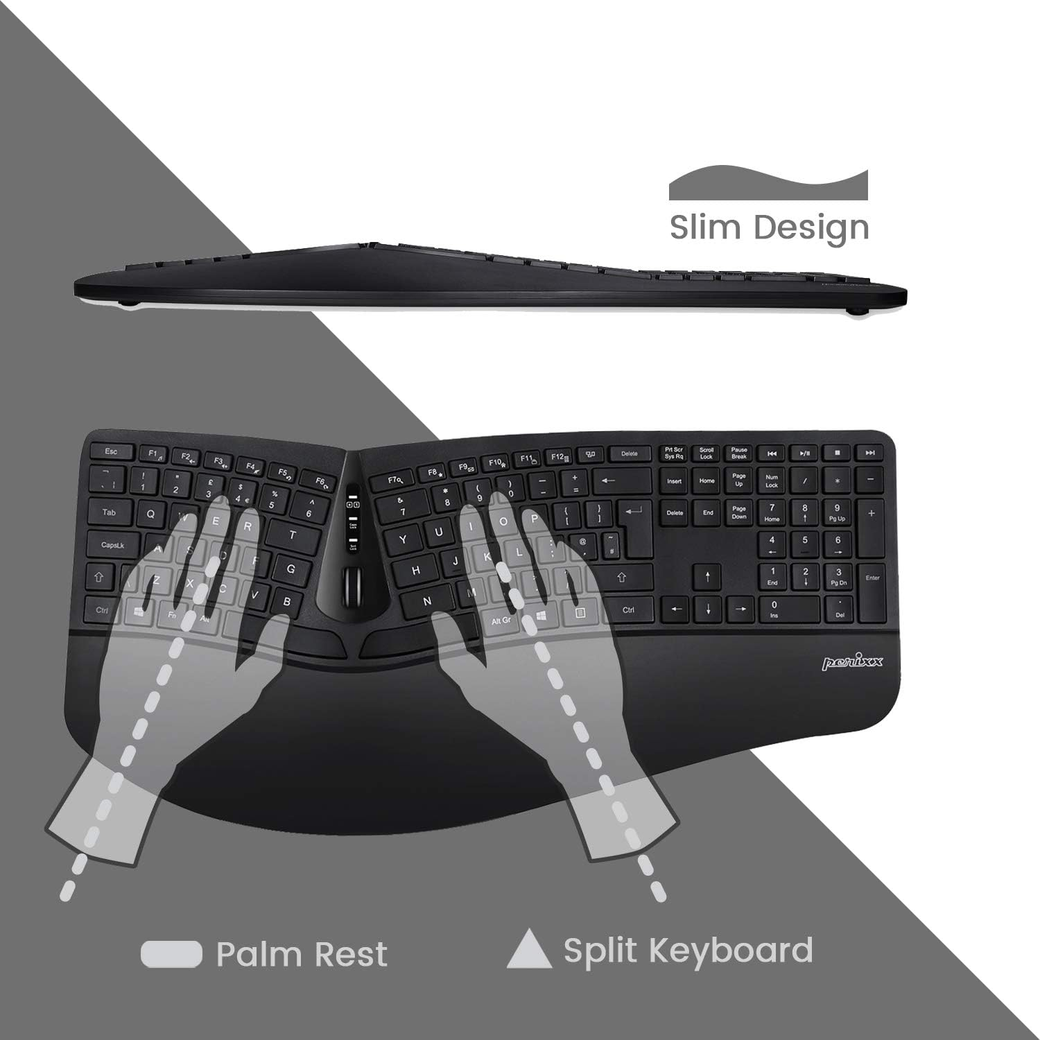 Perixx Periduo-605, Wireless Ergonomic Split Keyboard and Vertical Mouse Combo, Adjustable Palm Rest and Membrane Low Profile Keys, UK QWERTY image number 6