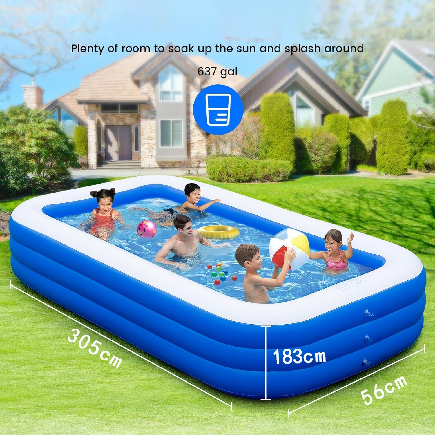 Inflatable Paddling Pool,305Cm Giant Inflatable Deep Pool, Padding Pool Swim Centre Pools for Kids Adults Family Rectangle Swimming Pool with Inflatable Soft Floor for Backyard,Garden (305Cm) image number 4