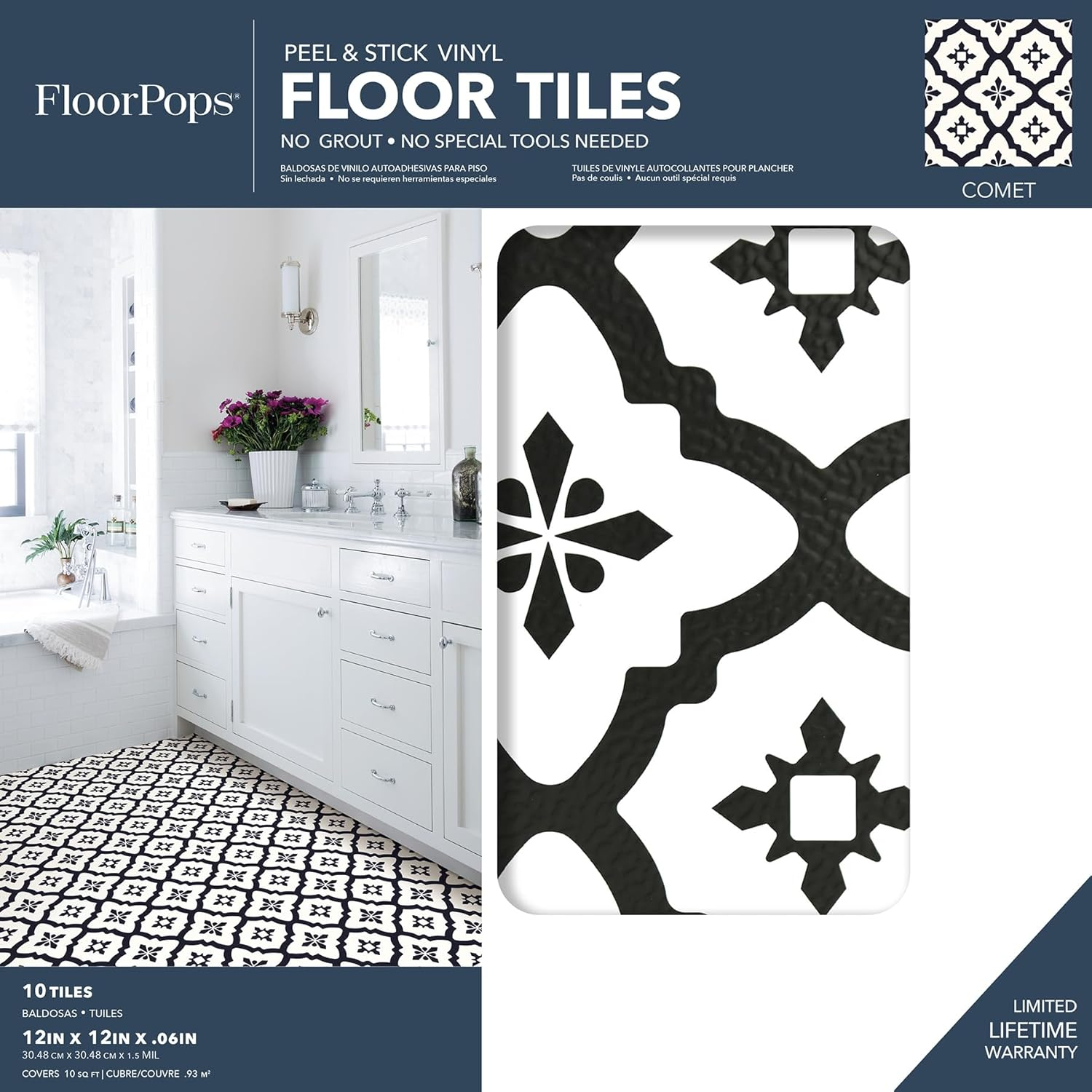 Floorpops FP2480 Comet Peel & Stick Tiles Floor Decal, Black image number 6