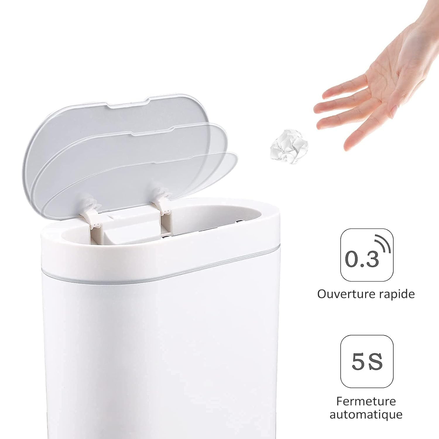 ELPHECO Bathroom Trash Can, 2.5 Gallon Waterproof Motion Sensor Small with Lids, 9.5 Liters Slim Plastic Narrow Automatic Bedroom Office , White