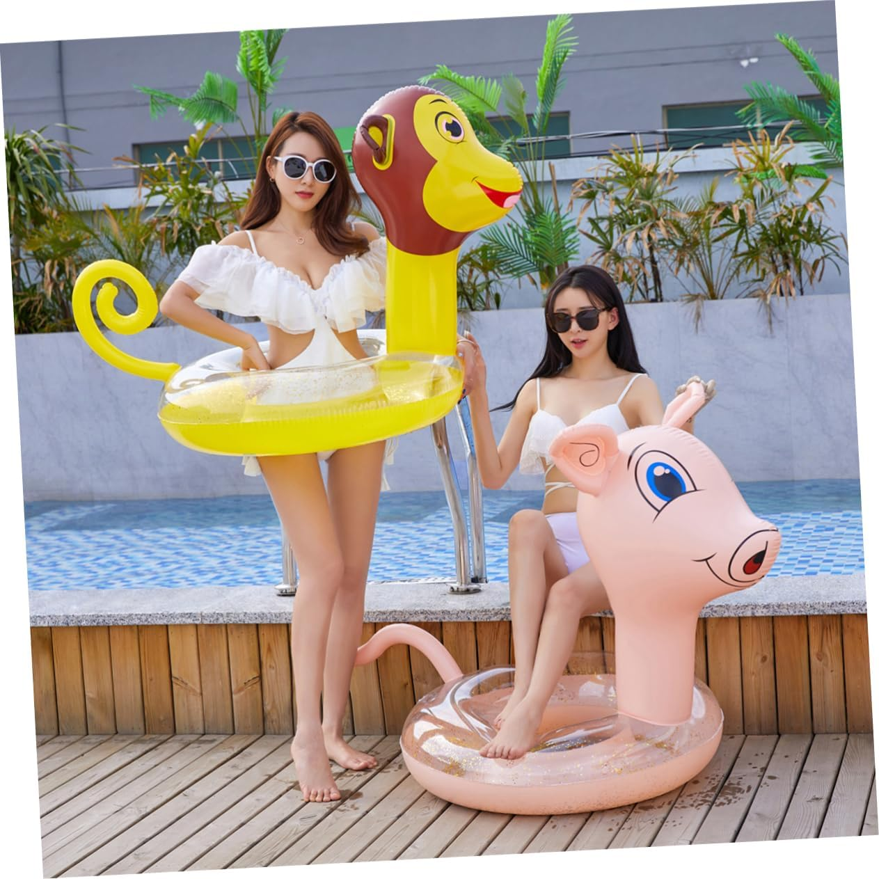 WOONEKY Inflatable Cartoon Monkey Pattern Swim Ring for Adults, Thickened PVC Water Playing Ring with Sequins, Summer Pool Floating Toy for Water Entertainment image number 1
