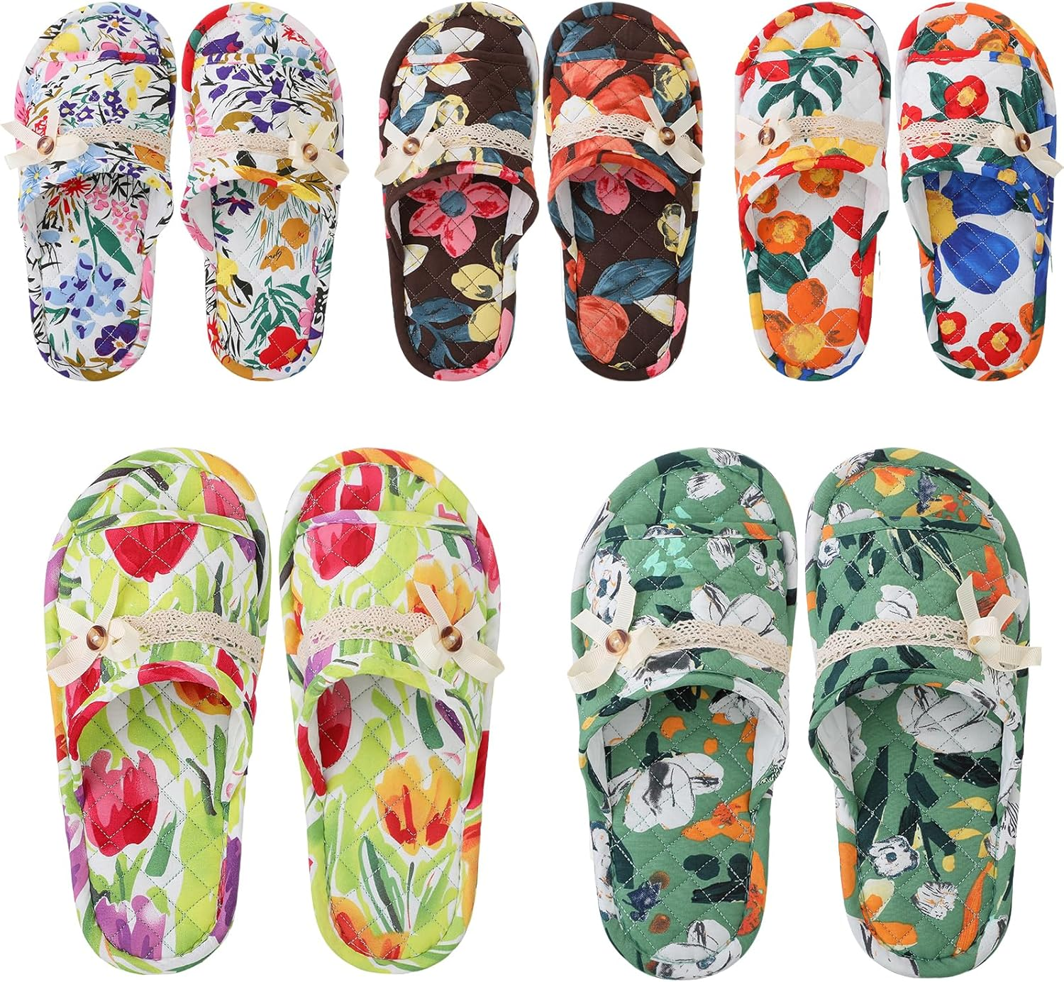 Chuarry 5 Pairs Floral Cotton House Slippers for Women, Soft Open Toe Indoor Spa Slippers for Guests Non Slip Washable Comfortable Portable Shoes for Hotel Travel Bedroom Airplane Party, as Shown, One