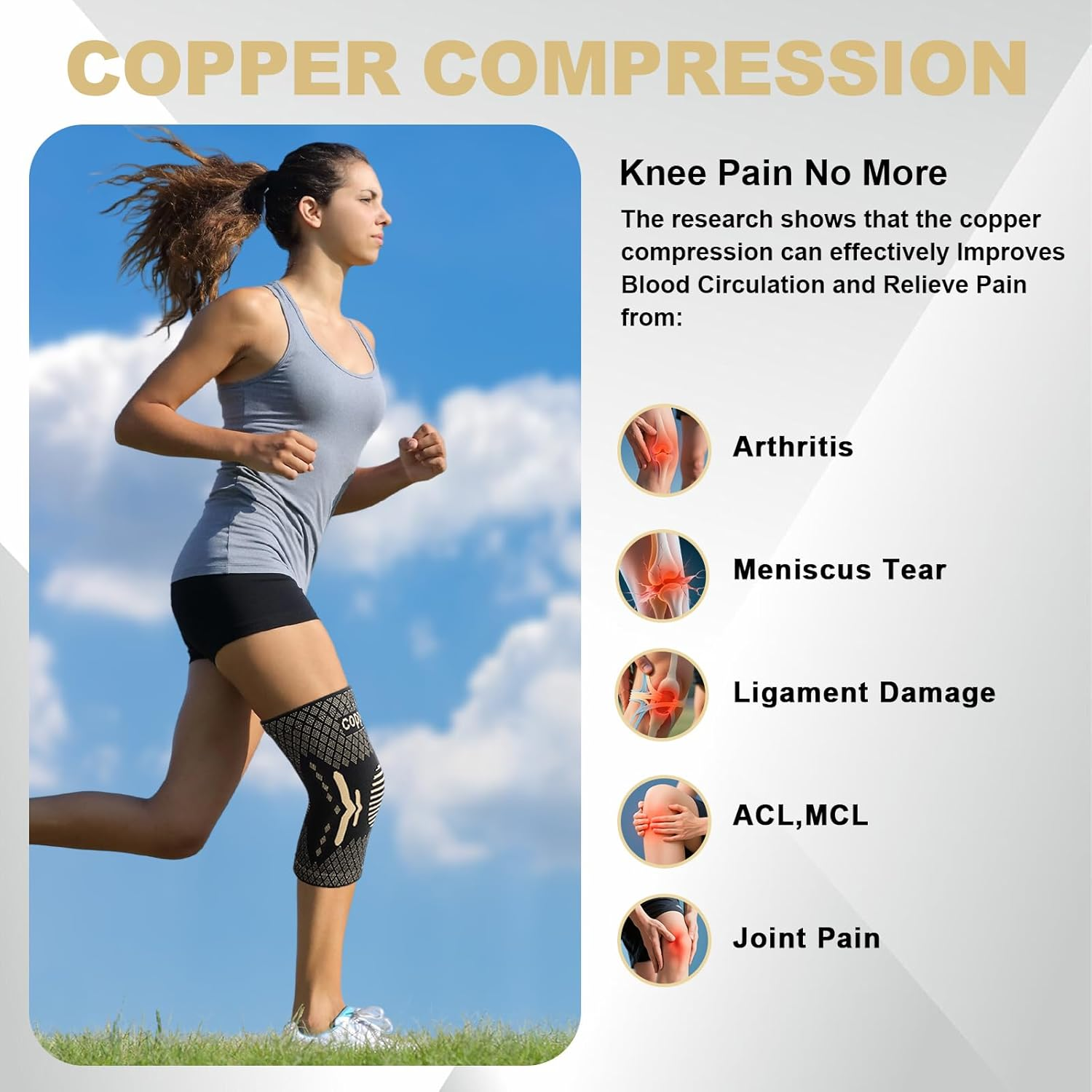 Copper Knee Brace 2 Pack, Knee Support for Men/Women, Knee Compression Sleeve Brace Support for Meniscus Tear, Arthritis Pain, ACL, MCL, Running, Hiking, Gym, Sports, L