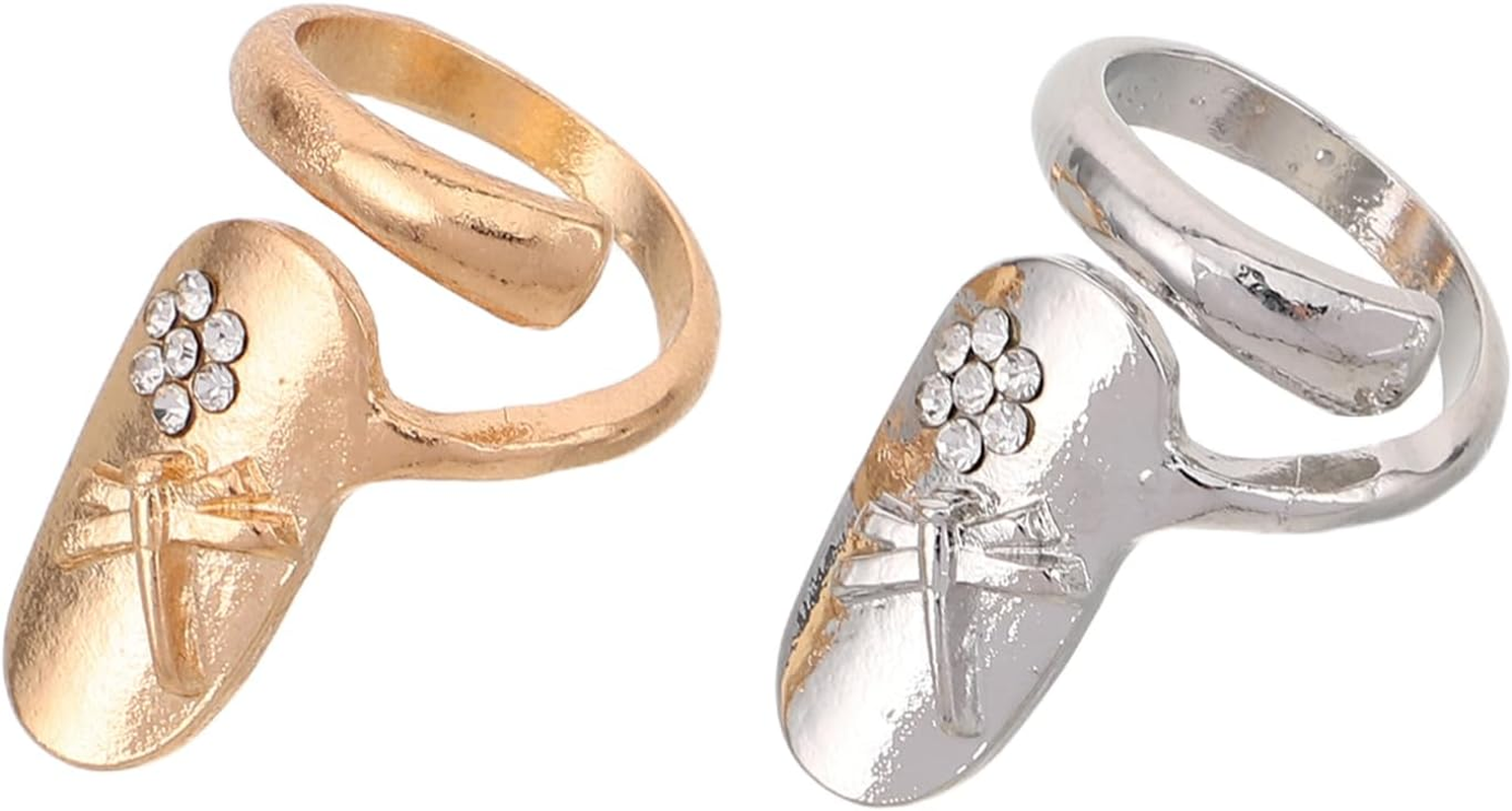 VICASKY 2Pcs Fingernail Rings for Women Nail Art Rhinestone Nail Decorations Opening Fashionable Fingertip Jewelry