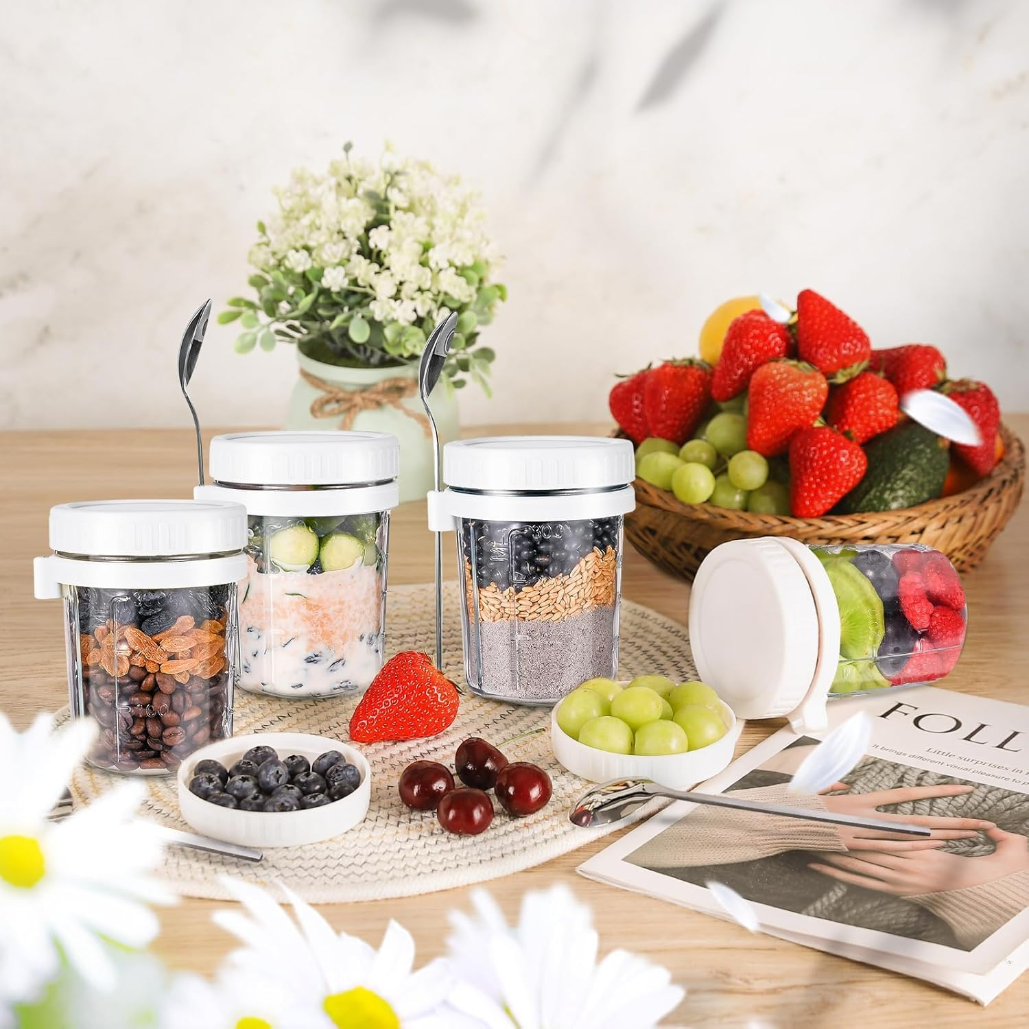 Heyinova Overnight Oats Jars,Overnight Oats Containers with Lids and Spoons, Airtight Oatmeal Container with Measurement Marks, Mason Jars with Lid for Cereal on the Go Container (4 White) image number 1
