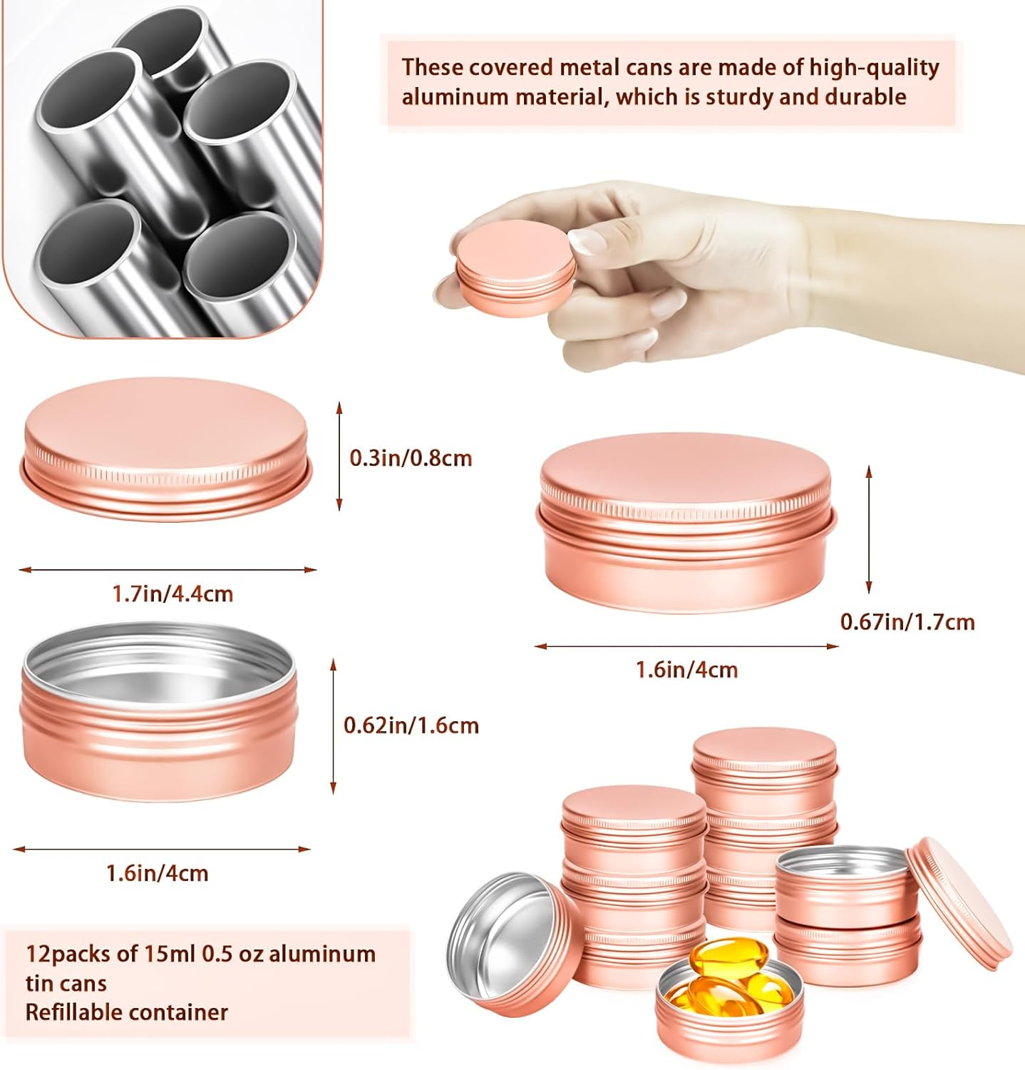 Motbach 12 Pack 0.5Oz Tin Jars, 15Ml Rose Gold Metal Tin Cans, 1/2Ounce Aluminum Tin Can Jar Containers with Lid for Lotion Bars, Balms, Spices, Salve, Beard Balm, Toiletries, Creams, Makeup Cosmetic - Rose Gold 12Pcs image number 2