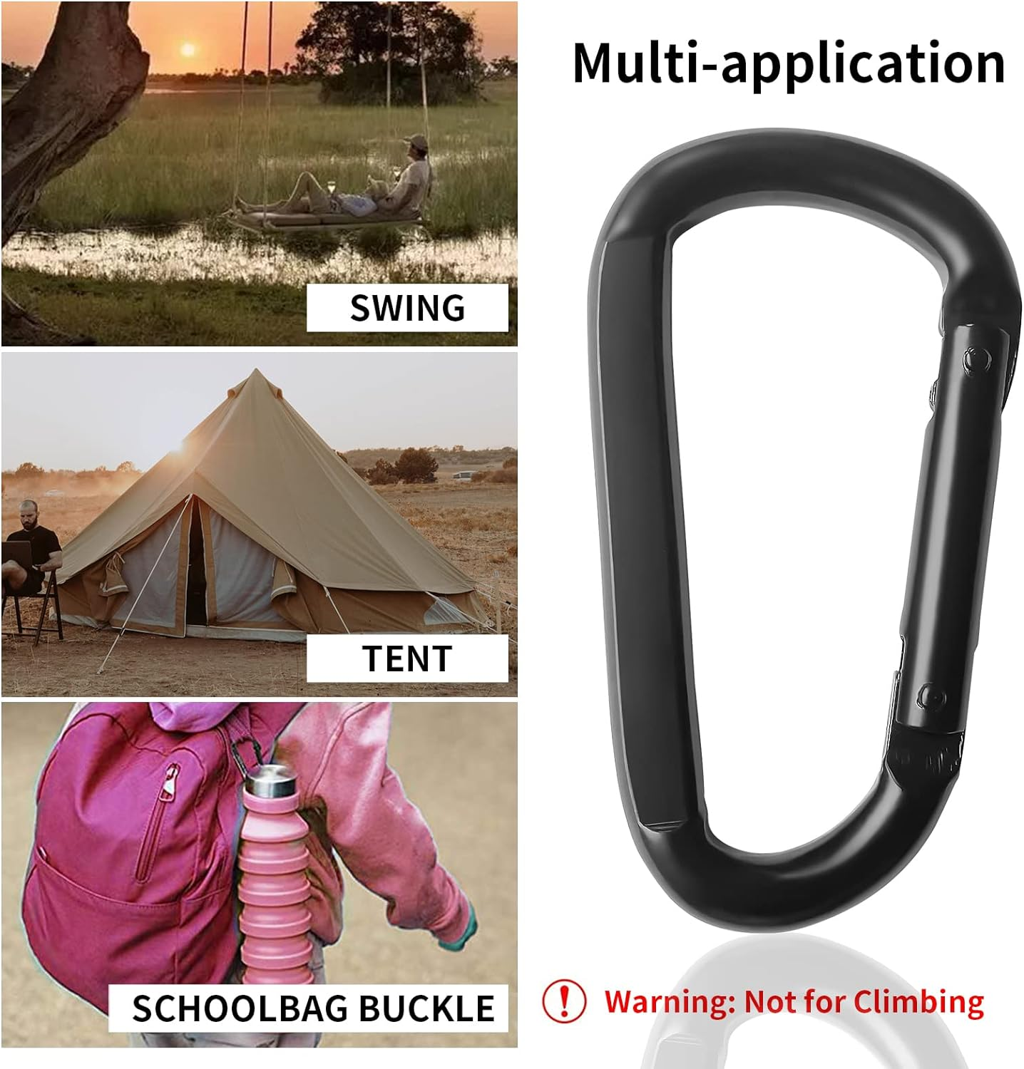 Carabiner Clip, 3" Heavy Duty Small Carabiner for Hammocks, Camping Accessories, Hiking, Keychains, 880 Lbs, Black image number 5
