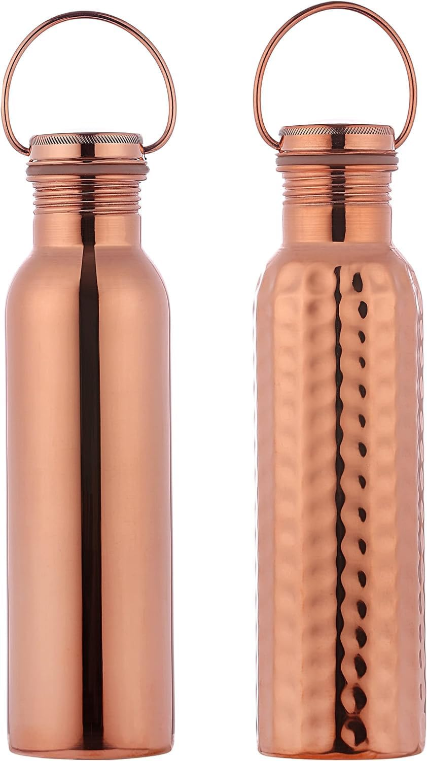 Healthgoodsau - Set of Hammered and Plain Copper Water Bottle with Handle | Leak-Proof Seamless Water Bottle Set 600 Ml (20.28 Fluid Ounce) image number 2