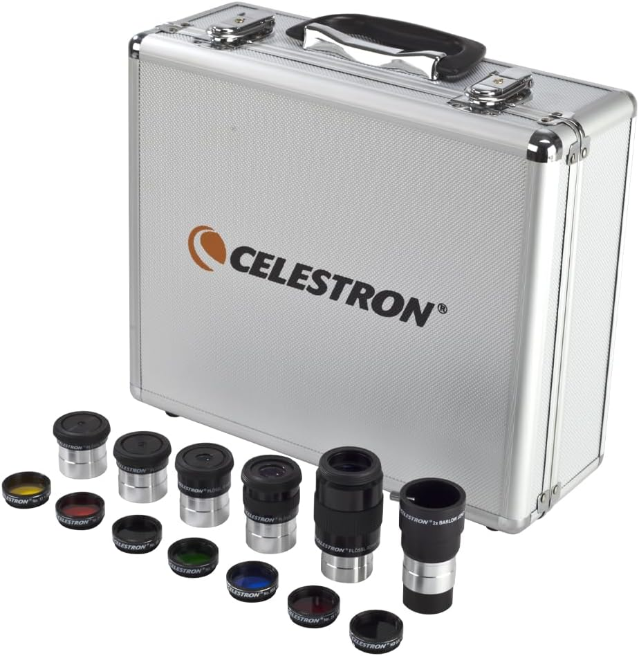 Celestron 94303 1.25 Inch Eyepiece & Filter Kit - Includes 14 Pieces in Metal Foam-Lined Carry Case, Silver image number 2